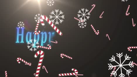Animation-of-christmas-greetings-over-falling-snowflakes-and-candies