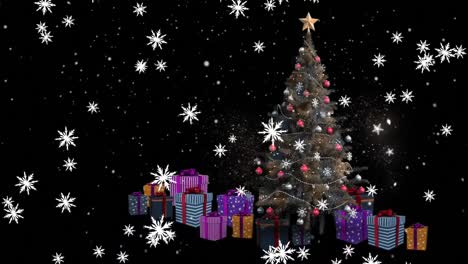 Animation-of-snow-falling-over-christmas-tree-and-presents-on-black-background