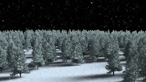 Animation-Von-Leuchtenden-Lichtflecken-über-Tannenbäumen-In-Einer-Winterlichen-Landschaftslandschaft