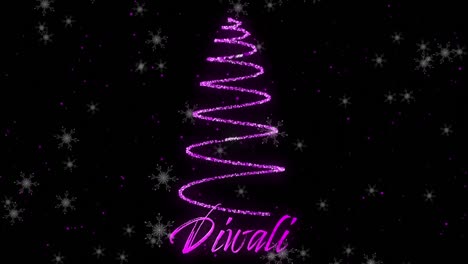 Animation-Von-Schnee,-Der-über-Diwali-Text-Und-Neon-Weihnachtsbaum-Auf-Schwarzem-Hintergrund-Fällt