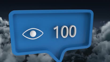 Animation-of-eye-icon-with-numbers-on-speech-bubble-over-sky-and-clouds