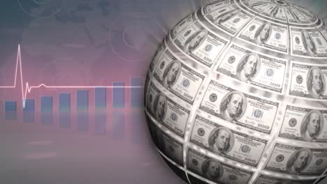 Animation-of-american-dollar-banknotes-globe-spinning-over-statistic-and-world-map