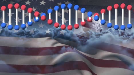 Animation-of-dna-over-american-flag-and-clouds