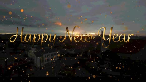 Animation-of-new-year-greetings-with-orange-spots-falling-over-cityscape-background