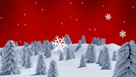 Animation-of-snow-falling-over-fir-trees-on-red-background