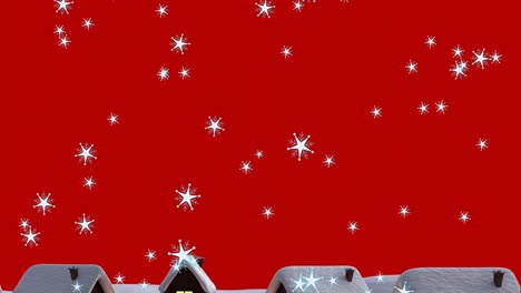 Animation-Von-Schnee,-Der-über-Häuser-Auf-Rotem-Hintergrund-Fällt