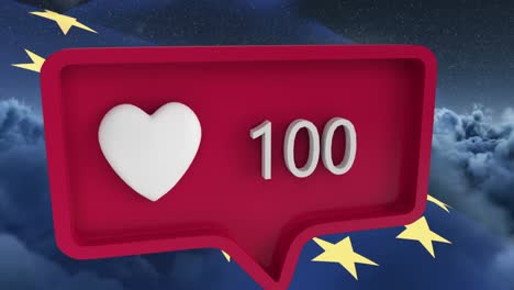 Animation-of-heart-icon-with-numbers-on-speech-bubble-with-european-union-flag