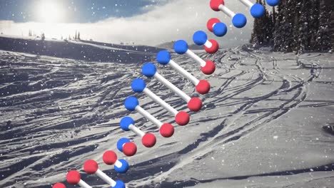 Animation-Eines-DNA-Strangs,-Der-Sich-über-Einer-Winterlichen-Landschaft-Dreht