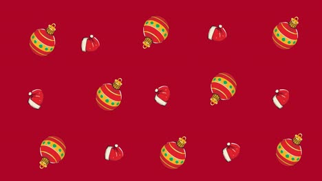 Animation-Mehrerer-Weihnachtsmützen-Und-Kugeln-Auf-Rotem-Hintergrund