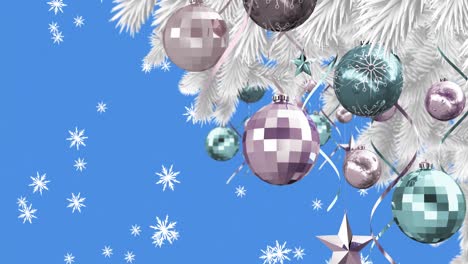 Animation-of-snow-falling-over-christmas-decoration-on-blue-background