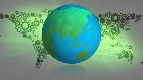 Animation-of-spinning-globe-over-moving-gears-on-green-background