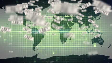 Animación-De-Billetes-De-Dólares-Americanos-Flotando-Sobre-El-Mapa-Mundial