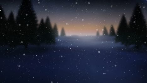 Animation-Von-Schnee,-Der-über-Winterlandschaft-Und-Nordlichtern-Fällt