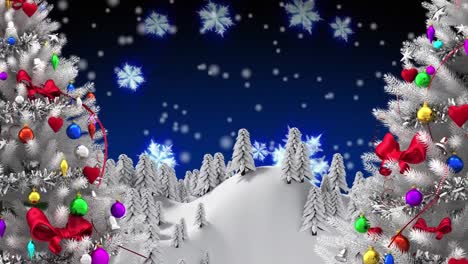 Animation-of-snow-falling-over-christmas-trees-and-fir-trees-at-night