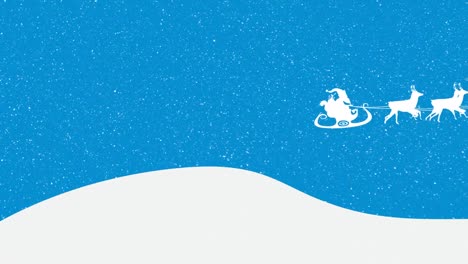 Animation-of-santa-claus-in-sleigh-with-reindeer-and-snow-falling-on-blue-background