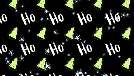 Animation-of-multiple-ho-ho-text-and-christmas-tree-on-black-background