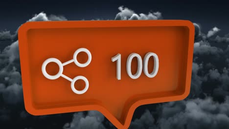 Animation-of-share-icon-with-numbers-on-speech-bubble-over-sky-and-clouds