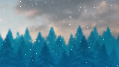 Animation-of-snow-falling-over-fir-trees-in-grey-and-blue