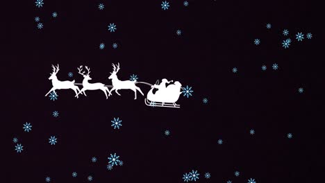 Animation-of-santa-claus-in-sleigh-with-reindeer-over-snow-falling-on-black-background