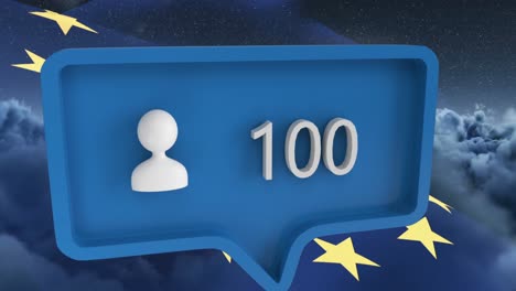 Animation-of-people-icon-with-numbers-on-speech-bubble-with-european-union-flag