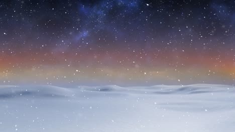 Animation-of-snow-falling-over-winter-landscape-and-northern-lights