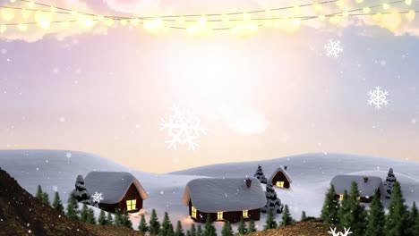 Animation-of-snowflakes-falling-over-houses-and-christmas-lights-in-winter-landscape