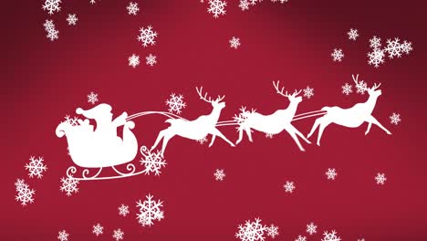 Animación-De-Santa-Claus-En-Trineo-Con-Renos-Sobre-Nieve-Cayendo-Sobre-Fondo-Rojo