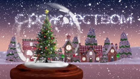 Animation-of-christmas-greetings-over-christmas-tree-in-snow-globe-and-snow-falling