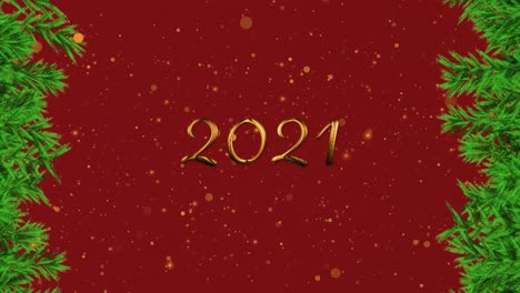 Animation-of-2021-with-fir-tree-branches-on-red-background