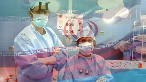 Animation-of-flag-of-iran-waving-over-surgeons-in-operating-theatre