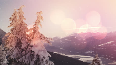 Animation-of-snow-falling-and-glowing-spots-of-light-over-winter-scenery-with-mountains