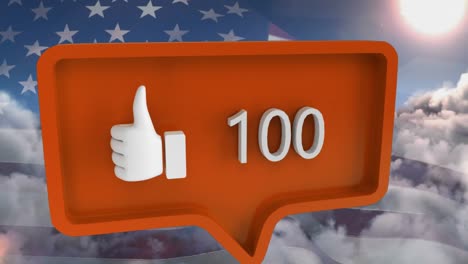 Animation-of-speech-bubble-with-numbers-and-like-icon-over-clouds-and-flag-of-usa