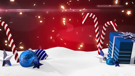 Animation-Von-Schnee,-Der-über-Weihnachtssüßigkeiten-Und--geschenke-Auf-Rotem-Hintergrund-Fällt
