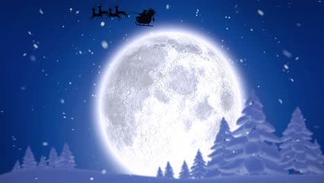 Animation-of-santa-claus-in-sleigh-with-reindeer-over-moon-and-sky