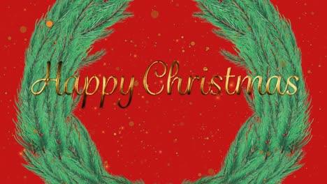 Animation-of-christmas-greetings-in-wreath-on-red-background