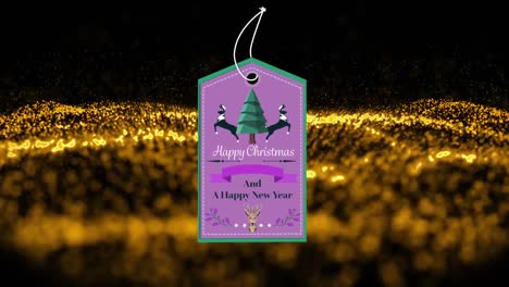 Animation-of-christmas-greetings-on-tag-over-golden-glitter-on-black-background