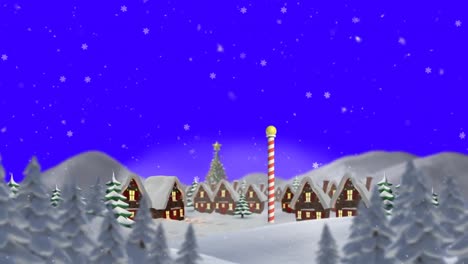 Animation-Von-Schnee,-Der-über-Häuser-Und-Winterlandschaft-Fällt