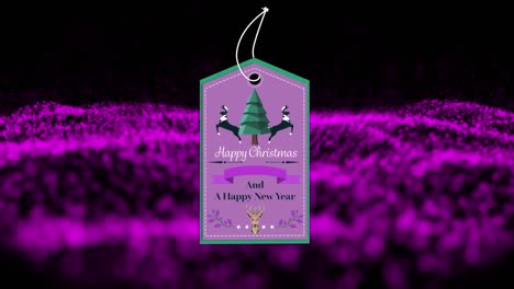 Animation-of-christmas-greetings-on-tag-over-purple-glitter-on-black-background