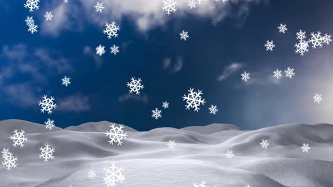 Animation-Von-Schnee,-Der-über-Winterlandschaft-Und-Himmel-Fällt