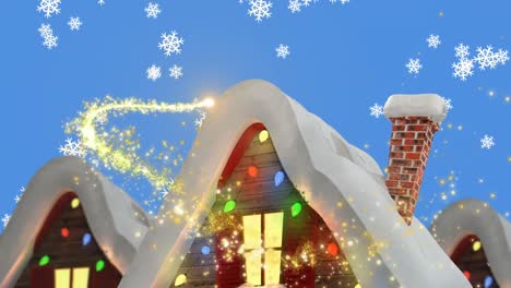 Animation-Einer-Sternschnuppe-über-Weihnachtshäusern-Und-Fallendem-Schnee