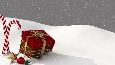 Animation-Von-Schnee,-Der-über-Weihnachtssüßigkeiten-Und--geschenke-Fällt
