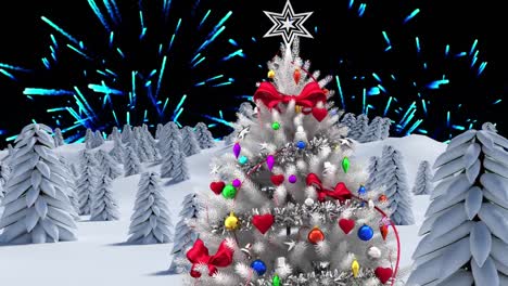 Animation-of-fireworks-and-christmas-tree-over-winter-landscape