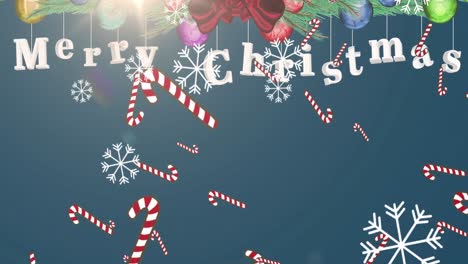 Animation-of-falling-snowflakes,-christmas-decorations-and-greetings-over-blue-background