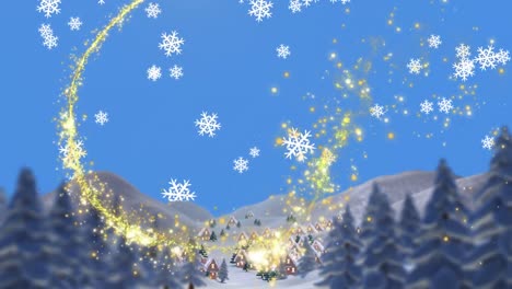 Animation-Einer-Sternschnuppe-über-Weihnachtshäusern-Und-Winterlandschaft