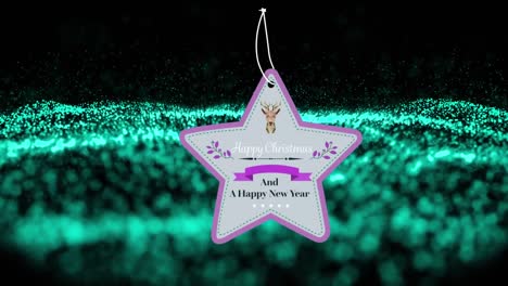 Animation-of-christmas-greetings-on-tag-over-green-laser-on-black-background