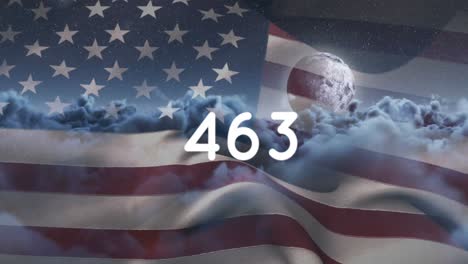 Animation-of-counter-numbers-over-clouds-and-flag-of-usa