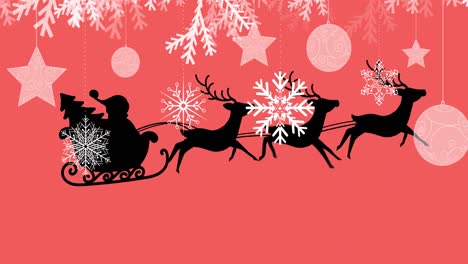 Animación-De-Santa-Claus-En-Trineo-Con-Renos-Sobre-Nieve-Cayendo-Sobre-Fondo-Rojo