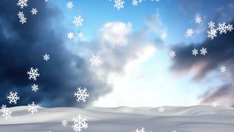 Animation-of-snow-falling-over-winter-landscape-and-sky