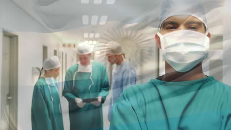 Animation-of-flag-of-argentina-waving-over-surgeons-in-operating-theatre