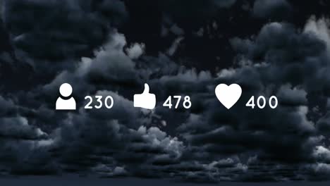 Animation-of-social-media-icons-with-numbers-over-clouds